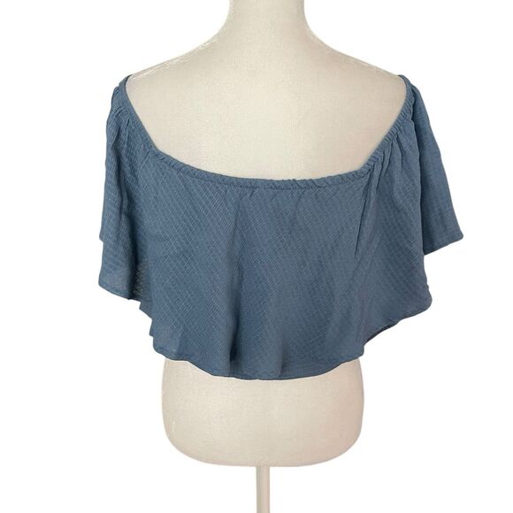Reformation Womens Small Crop Top Blue Off the Shoulder Flounce Blouse Solid - Picture 7 of 8